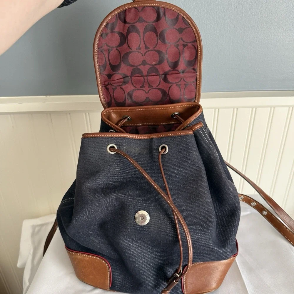 Vintage Coach Denim Blue Chambray Red Brown Leather Trim Backpack Purse 2004